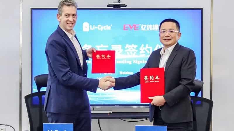 Li-Cycle Holdings Corp., a Toronto-based lithium-ion battery recycler, and EVE Energy Co., a China-based LIB technology company, have entered into a partnership to explore battery recycling solutions