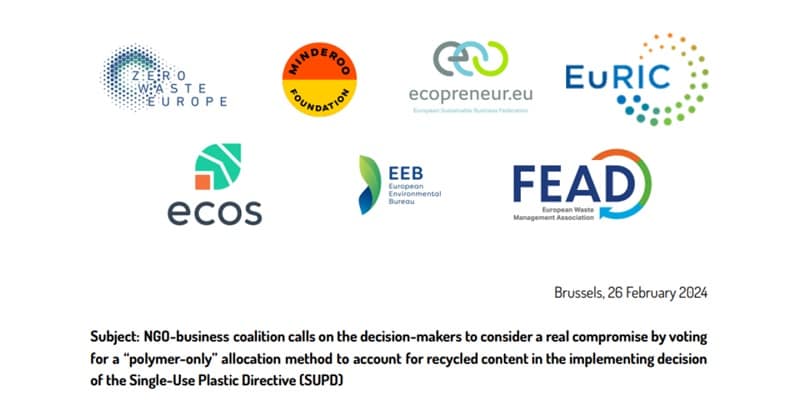 NGO-business coalition calls on the decision-makers to consider a real compromise by voting for a “polymer-only” allocation method to account for recycled content in the implementing decision of the Single-Use Plastic Directive (SUPD)